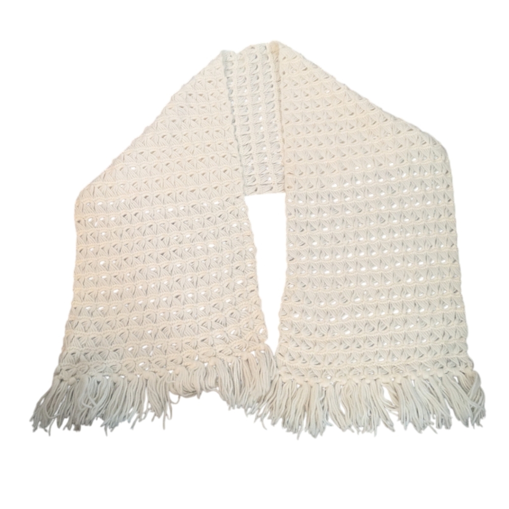 Vintage Hand Knitted Or Crocheted Off White Cream Scarf Shawl Wrap 70"